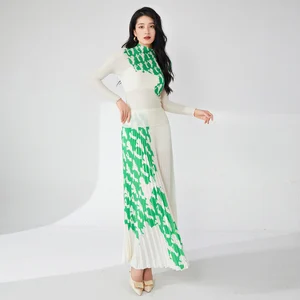 Miyake Pleated Women's Elegant Two-Piece Top Skirt Set Unique Turtleneck Collar Casual Midi Length Design for Summer