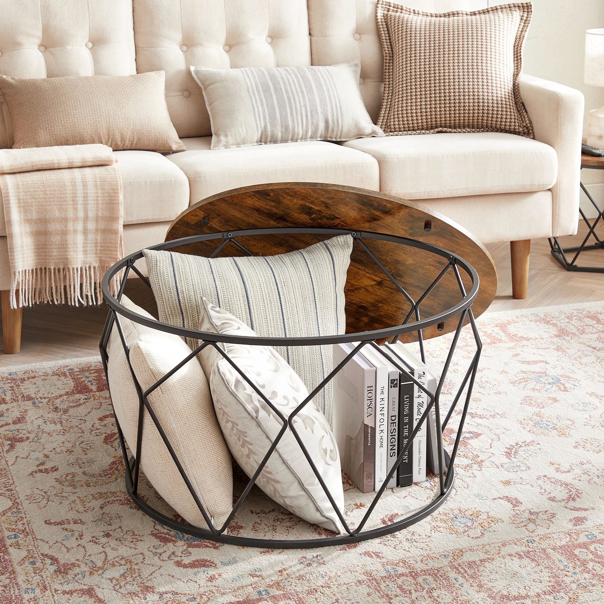 VASAGLE Round Coffee Table Wood and Iron with Detachable Desktop Simple Wooden Coffee Table
