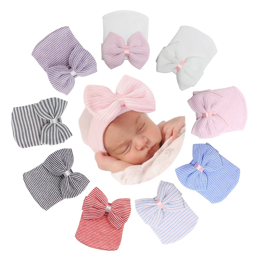Newborn Baby Girls Striped Headband Headwear Toddler Soft Beanie Hat With Bow SH 