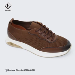 LANCI Custom Manufacturer Tennis Casual  Microfiber Walking Sneaker  Genuine Leather Brown Shadow Knit Leather Sneakers