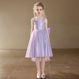 Sleeveless Sequins Ball Gown Dress for Girls Princess Style with Small Bow Tail and Embroidered Technique for Wedding