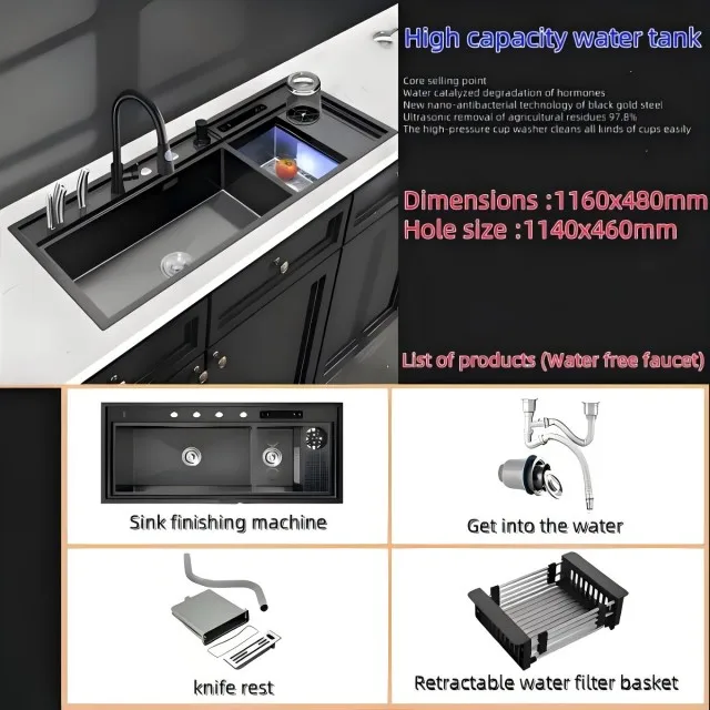 Black Brushed 304 Stainless Steel Multifunctional Kitchen Sink with Double Bowl Rectangular Single Square Counter Installation