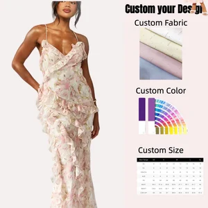 Women's Elegant Floral Ruffle Maxi Dress for Summer Vacation Outfit Sweet Side Cascade Spaghetti Strap Back Hollow Woven Dress