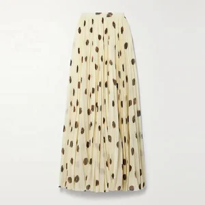 Clothing Manufacturer Custom Spring Summer Ivory High Waist Stretch Elegant Casual Women Print Pleated Maxi Skirt