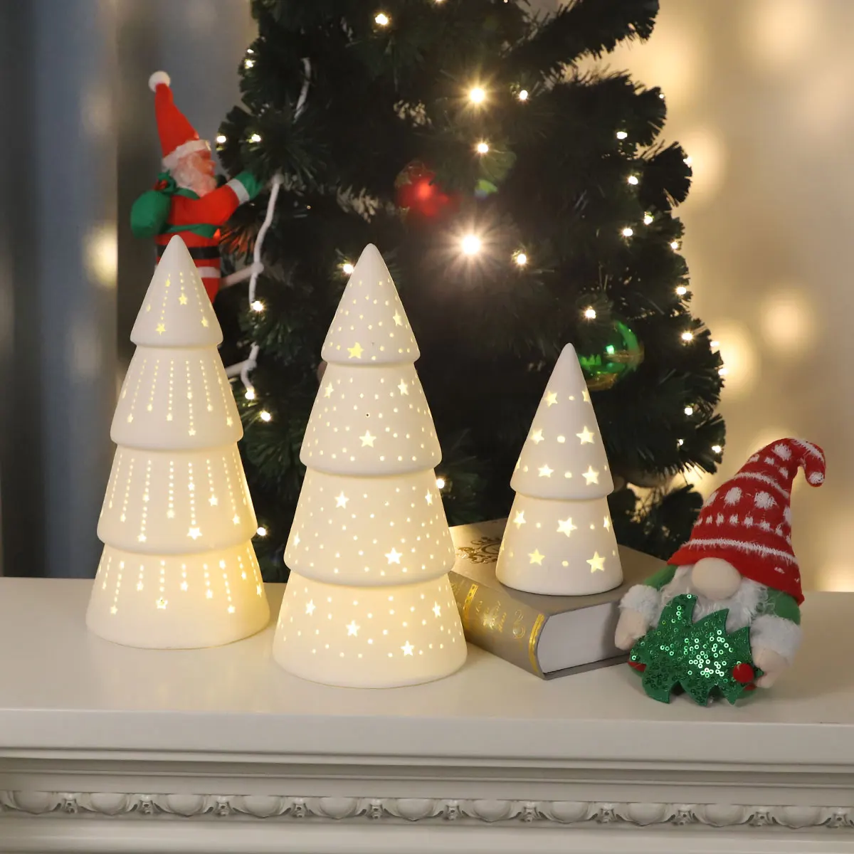 Ceramic Pre Lit Ornaments Christmas Tree Merry Christmas Decorations White Glazed LED Lights Indoor Home Festival Decoration