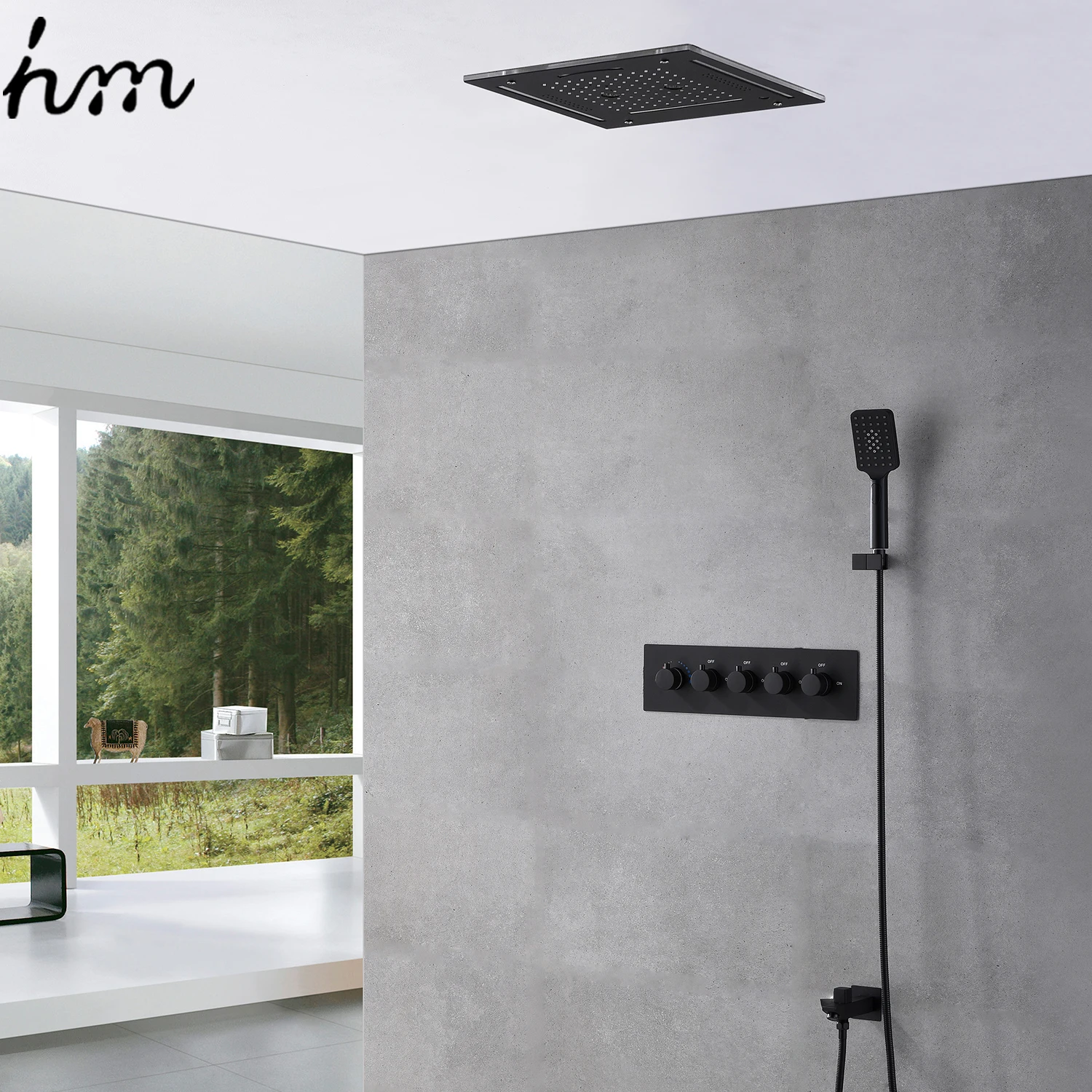 HM Modern Ceiling Embedded Rain Misty LED Music Shower Head Bathroom Shower Faucet Set