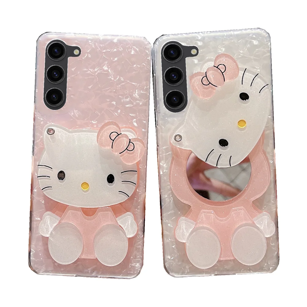 Cute Hello Kitty Makeup Mirror Pink Shell Texture Phone Case For Samsung  Galaxy S2 S21 FE 21Ultra Plus Soft Case Y2k Girl Gift - AliExpress