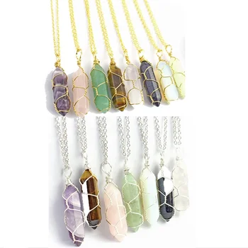 Hexagonal Healing Crystal Quartz Necklace Wire Wrapped Gemstone Bullet Point Pendant Necklace Crystal Necklace for Women Girls