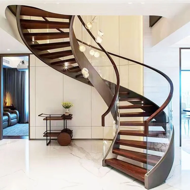 Modern Design Double Steel Plates Stairs Curved Wooden Stringer Treads Staircase with Glass Railing details