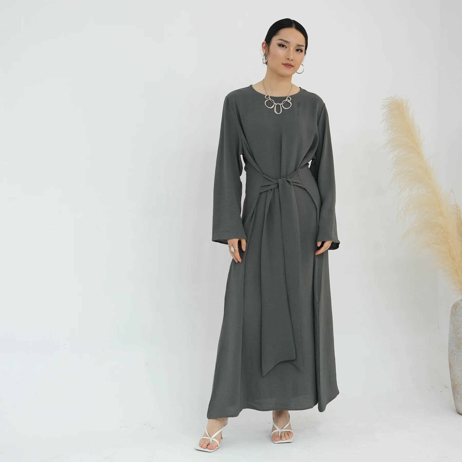 long sleeve chiffon bridesmaid dress with slit Wren Charming V Neck Slit Long Sleeves Chiffon Bridesmaid Dresses, Dusty Blue
