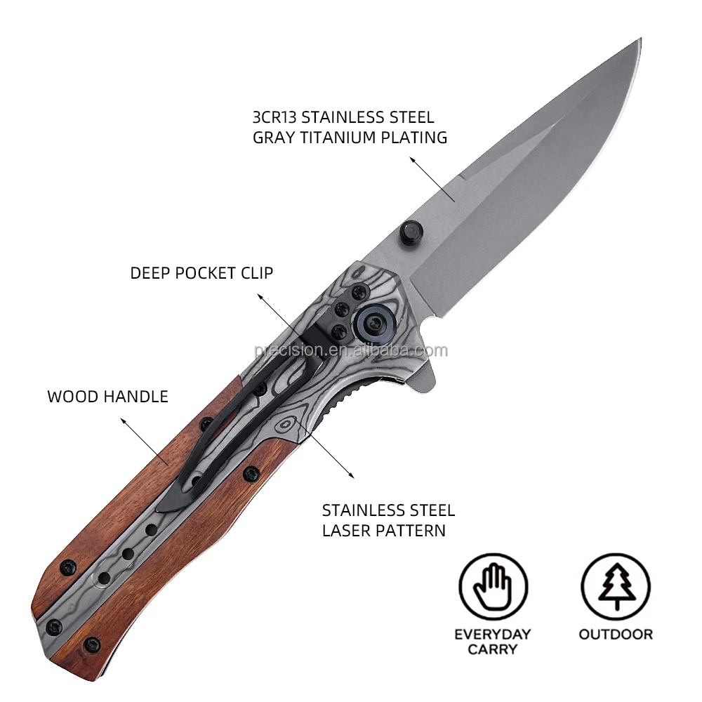 Custom Outdoor Messer Titanium Coating Blade Laser Pattern Tactical Knife Folding Wooden Handle Pocket Knife with Clip