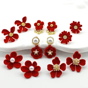 Ilona Wholesale Delicate Pearl Floral Series  Earrings Set Plated with 14K Gold Women Irregular Red  Stud Earrings Christmas