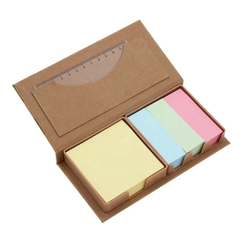 Adhesive Sticky Note Memo Pad With Pen and Ruler in Kraft Paper Box