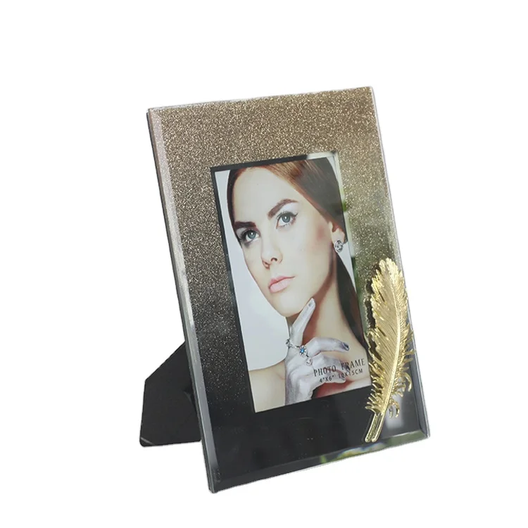 Golden Black 4x6 Glass Photo Frame Glitter Picture Frame With Golden