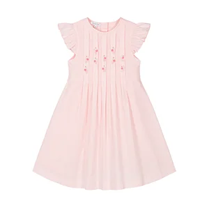 Custom Private Label Girls Kids Clothes High Fashion Quality Pleat Dress with Hand Made Embroidery Ruffle Sleeves for Summer