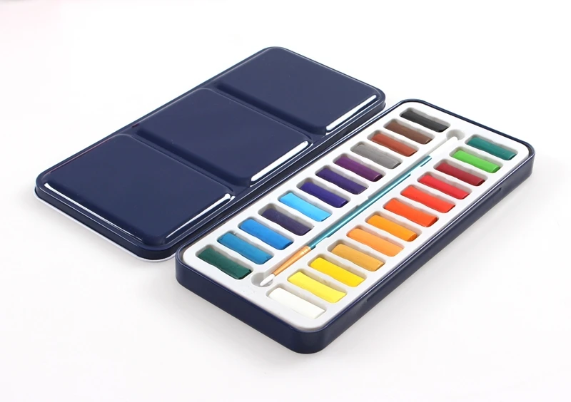 Professional travel kit 12/24/36/48/72/90 colorful assorted watercolor paint cube cake pan set with 1pc watercolor brush pen