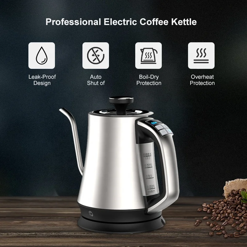 Offacy Electric Gooseneck Kettle 1L Pour Over Coffee and Tea 100% Stainless  Steel 1200W Quick Heating