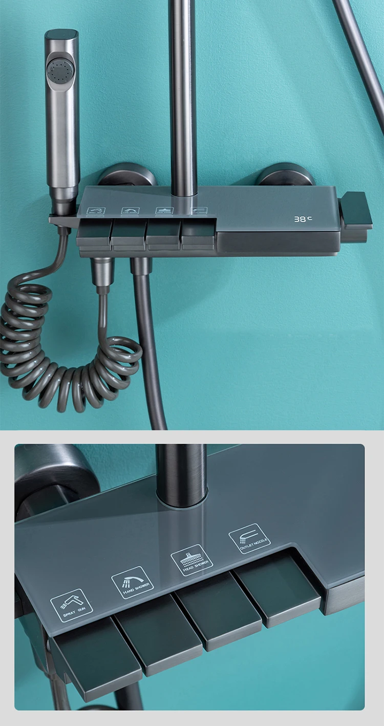 Digital Display Power Shower Rain Shower Mixer Faucet Wall Mounted Gun