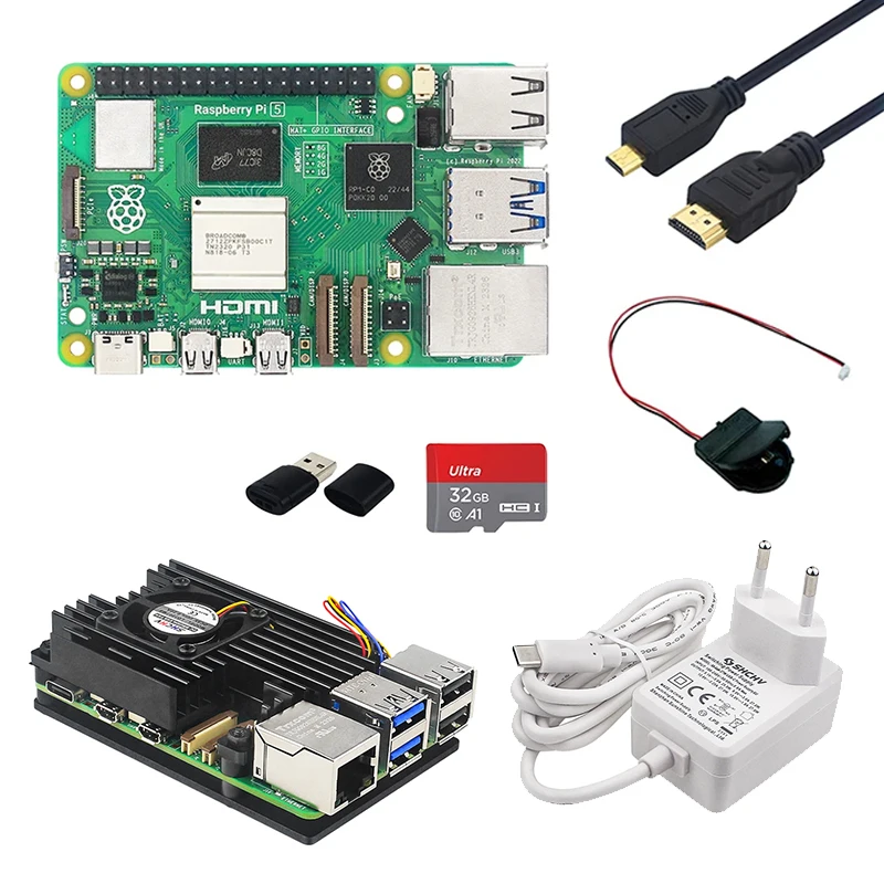 Raspberry Pi 5 Kit 4GB 8GB RAM Including Power Supply 27W RTC Battery Box SD Card Card Reader Metal Case with Fan Video Cable 4K