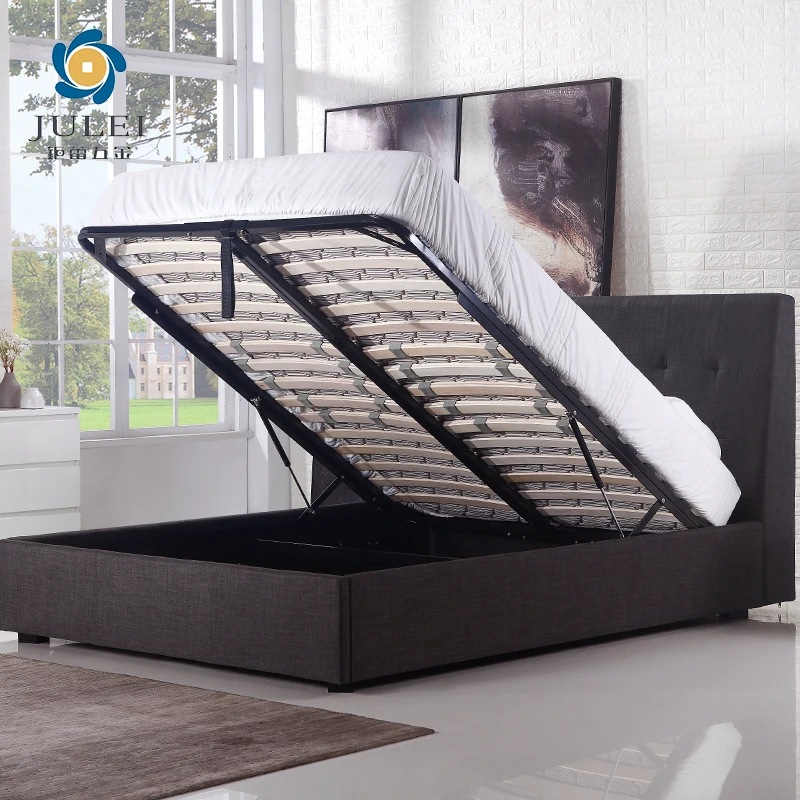 Modern Style Back Bed Design High Headboard Upholstered Gas Lift up Storage Double Size Bed Frame