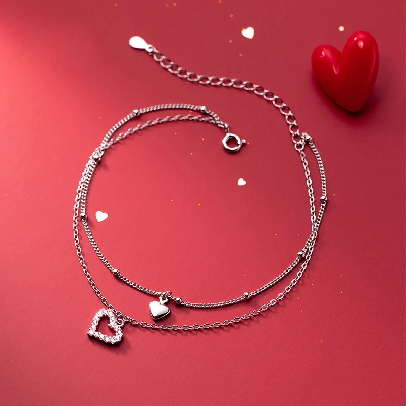 WMS4571 Layered 925 Sterling Silver Double Heart Anklet for Girls Women Birthday Gifts Summer Beach Ankle  Dainty Jewellery