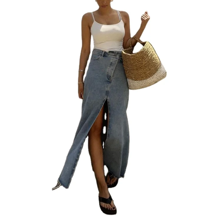 Enyami Women's Vintage Vacation High Waist Maxi Jeans Skirt Elegant Loose Casual Chic Long Denim Elegant Bottom High Slit Solid