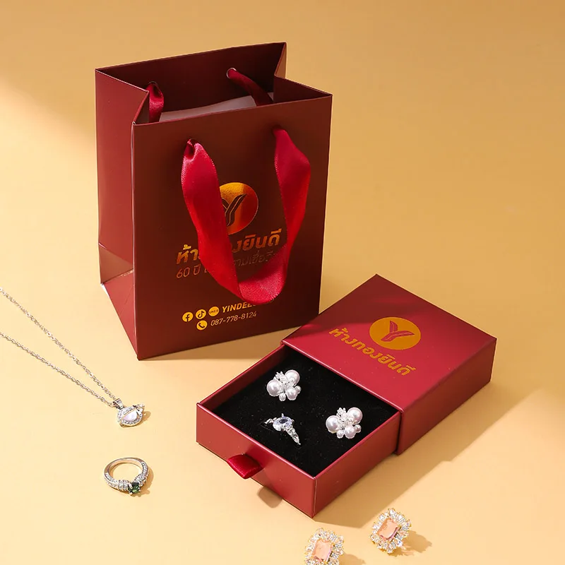 Wholesale Luxury Square Jewelry Packaging Set Cardboard Paper Gift Bag Ring Earring Drawer Box with Custom Logo supplier
