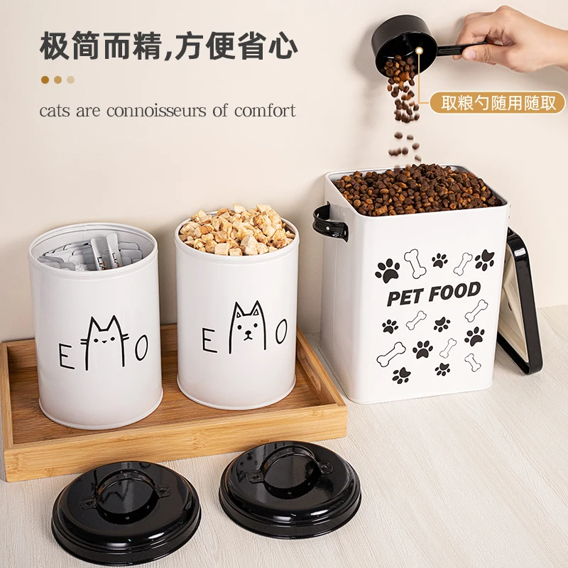 Metal Square Cans with Lid Sealing Black and White Paw Pet Food Storage Bucket with Scoop