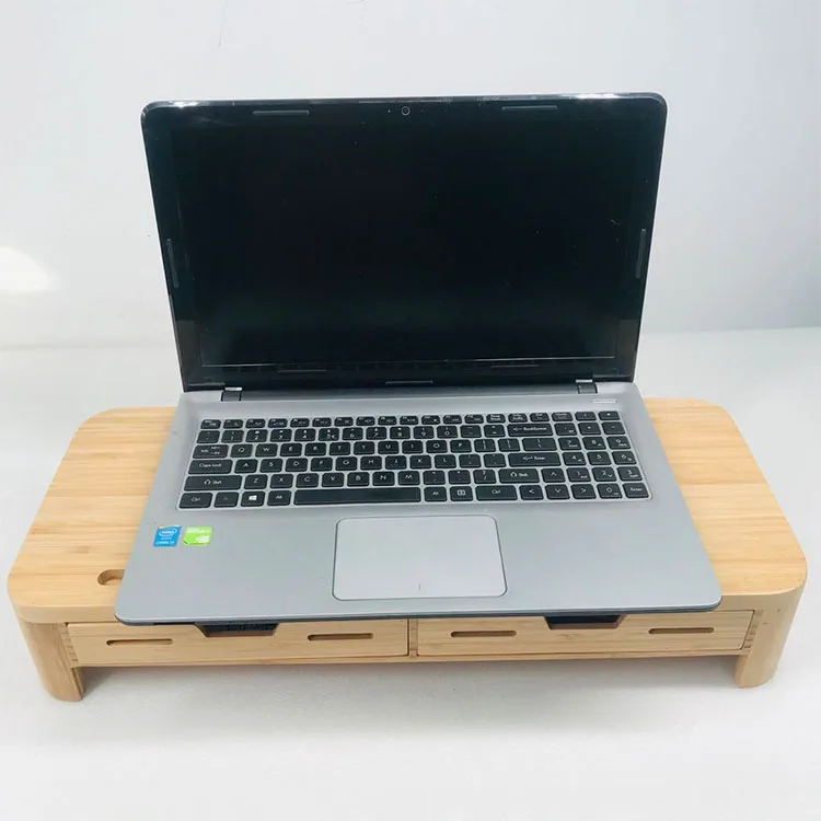 Bamboo Monitor Stand Riser Desk Organizer 2 Tier Laptop Stand With