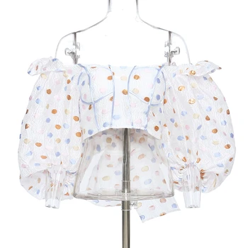 2022 Summer Flower Bubble Sleeve Blouses Sweet Print Back-tie Tops For Women