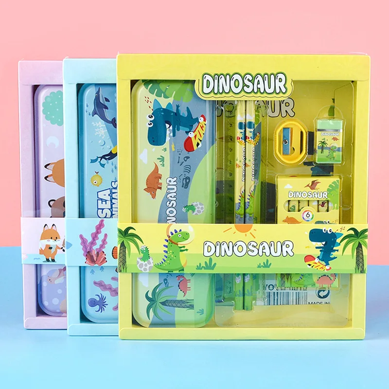 Portable Cheap 6-In-1 Cartoon Kindergarten School Stationery Set with Gift Package for Children Back to School