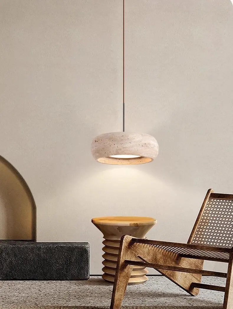 Wabi-sabi Vintage Natural Round Travertine Led Pendant Light for Bedroom Hallway Dinner Table
