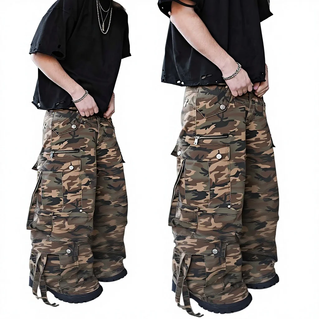 Salati Manufacturer Streetwear Dtg Printed Duck Canvas Wide Leg Camouflage Camo Carpenter Trouser Tactical Baggy Cargo Pants Men