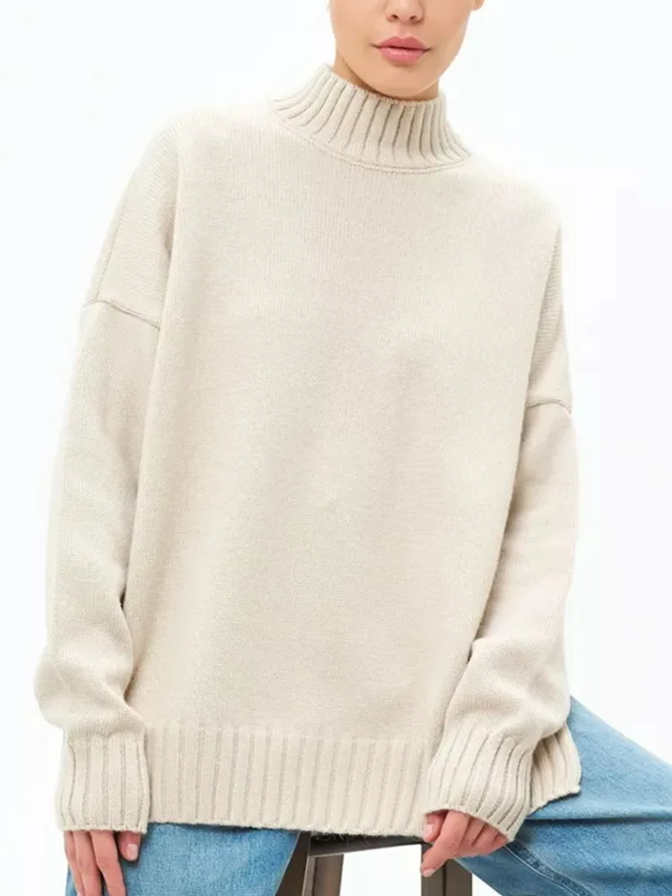 2024 ODM Factory Custom Russian Winter High Quality Mock Neck Turtleneck Knitted Oversized Split Sweater for Women