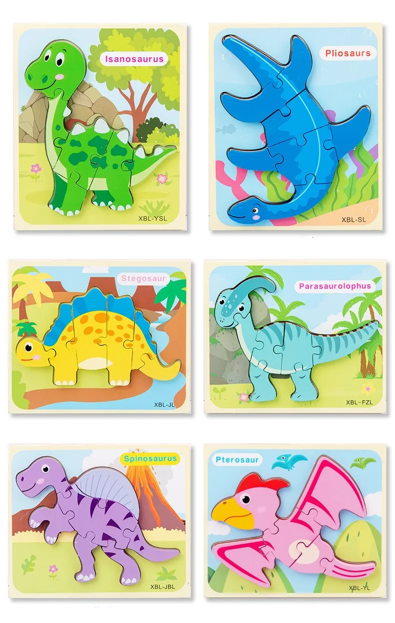 Montessori Wooden 3d Dinosaur Puzzle Cartoon Thinking Shape Pairing ...