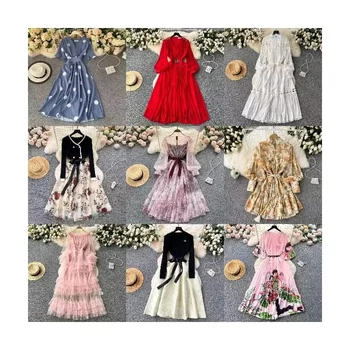 Wholesale 2024 Summer European and American Style Dress V-neck Waist Waist Slim Print A-line Large Swing Women's Dress