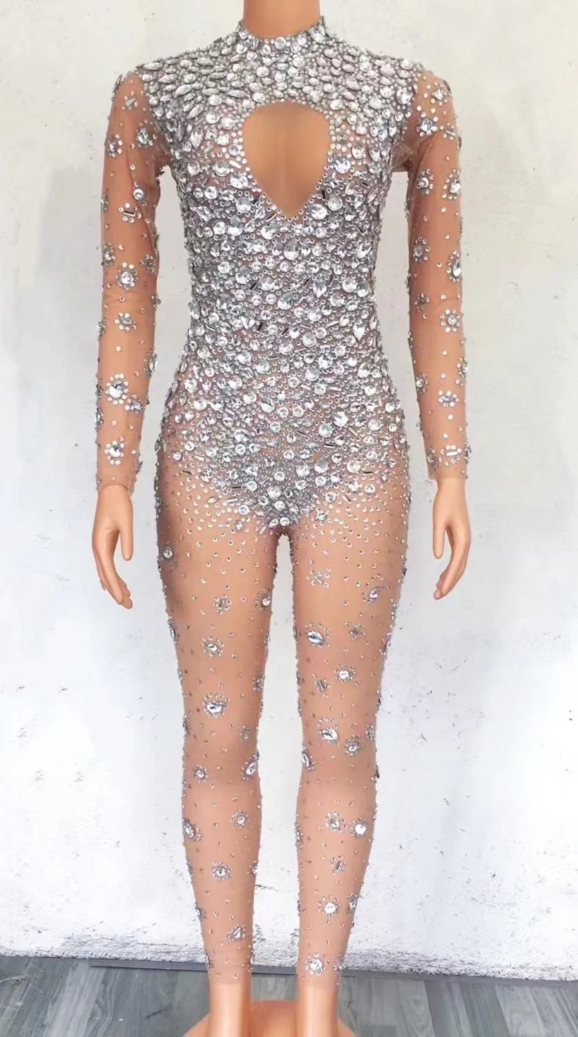Monos Mujer 2022 Mesh See Through Rhinestone Shiny Bodysuit Sexy Party ...