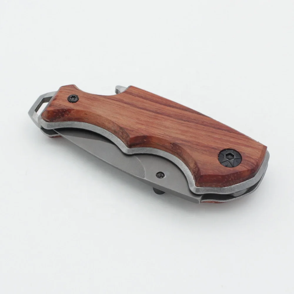 Engraved Padauk Wood Handle Grey Titanium Stainless Steel Blade Small Folding EDC Pocket Knife
