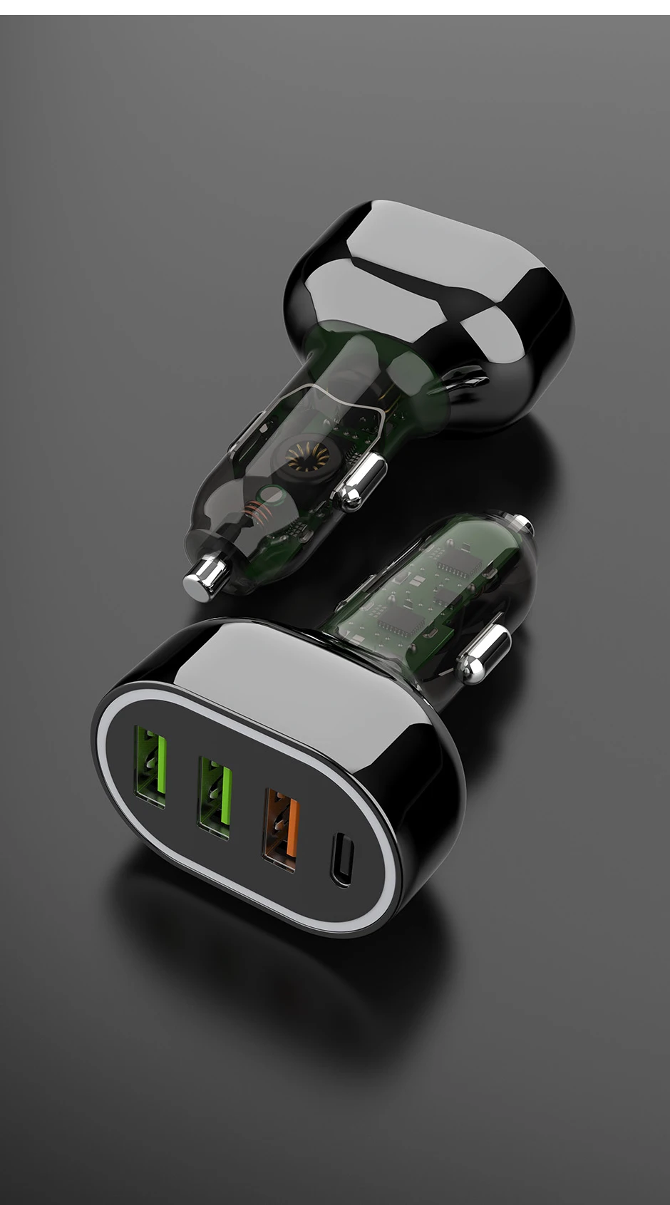 APPACS C68 车载充电器,带三个 USB-A 和一个 USB-C 接口,63W 快速充电,RoHS 和 CE 认证