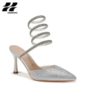 Glamorous Pointed Toe Stiletto Evening Party Shoes for Women Rhinestone Spiral Strap Mule Heels Flexible Canvas Summer Club