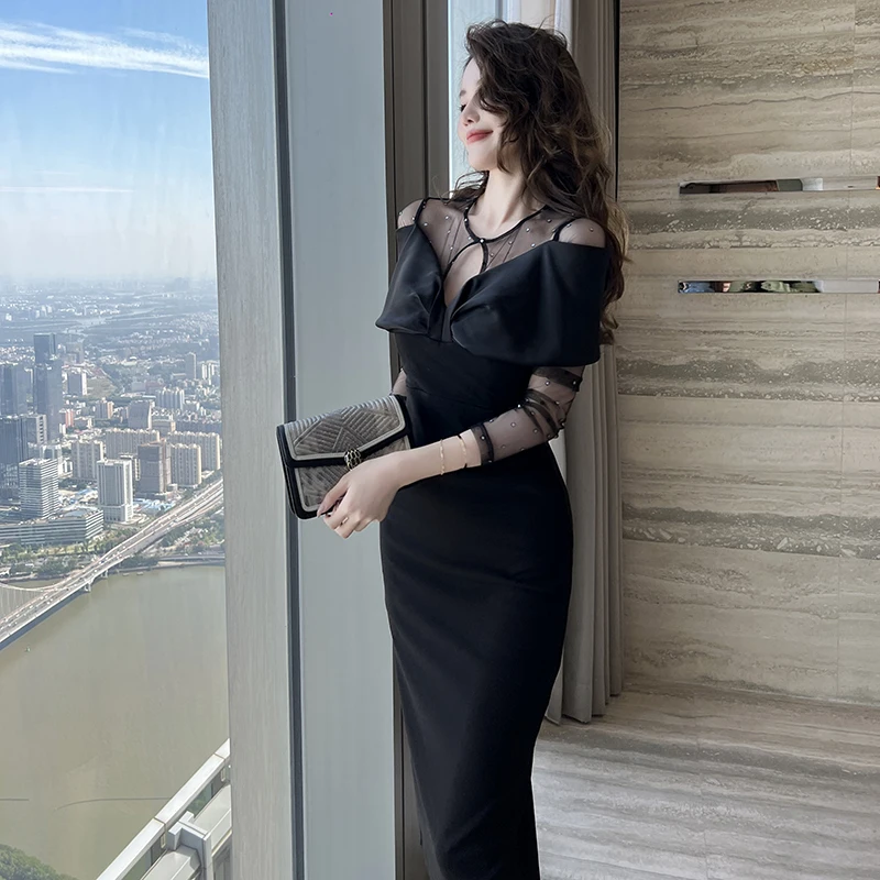 ZYHT 10198 Womens Luxury Clothing Mesh Womens Sequin Satin Dress Straight  Elegant Bodycon Dresses Long Sleeve Party Dress