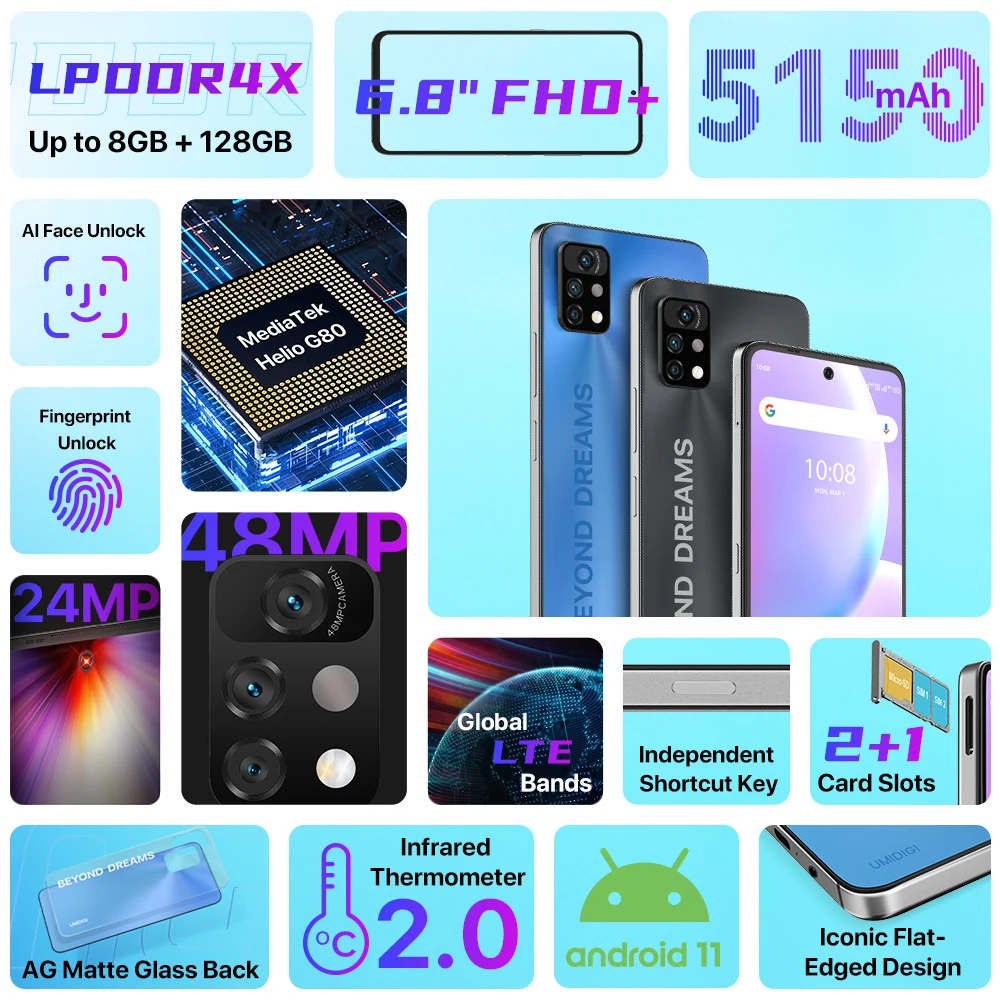 Смартфон UMIDIGI A11 Pro Max Android глобальная версия экран 6 8 дюйма FHD + 4 ГБ/8 ГБ 128 Helio G80 тройная камера 48 МП с ии 5150