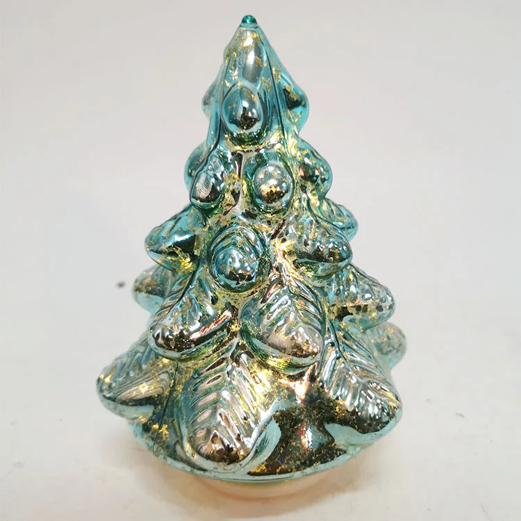 Small silver gold led light up indoor tabletop mercury hand blown glass christmas tree figurines battery operated with timer manufacture