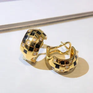18K Solid Gold Checkerboard Hoop Stud Earrings for Ladies 0.485 Carat Lab-Grown Diamonds-Luxury Wedding Anniversary Gift Jewelry
