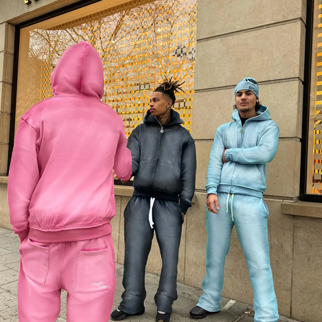 product vintage acid wash hip hop 2 piece tracksuit small batch custom wholesale unisex basic solid color loose hoodie  jogger pants-3