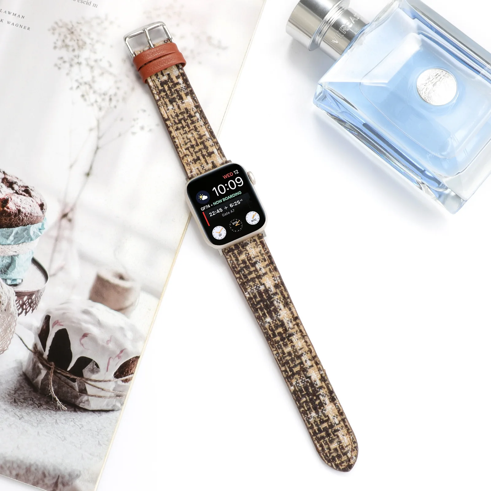 Retro Style Smart Watch Band for Ladies Breathable Leather Plaid Watch Straps Compatible with for Apple Watch Ultra 2