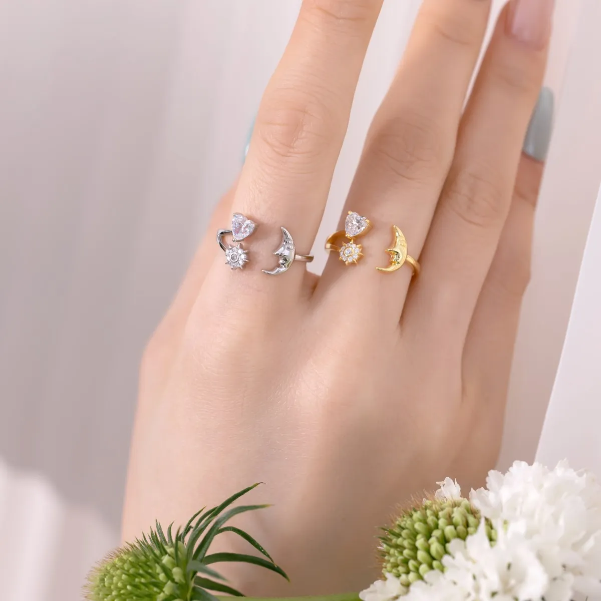 KAKODIY Customized Moon Star Heart Ring 925 Sterling Silver Modern Elegant Cubic Zirconia 18K Gold Plated Ring Jewelry for Women detail 4