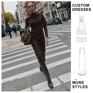 Custom Wholesale Winter New Women's Maxi Dresses Spaghetti Strap Luxury Brown Long Sleeve Ruched Lace Ladies Dress