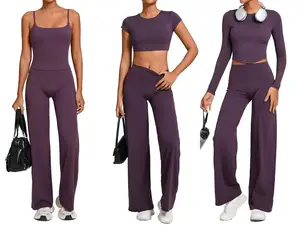 4pcs Newest Customized Women's Solid Color Sports Set Long Sleeved High Waist Pants Backless T Shirts Fitness Yoga Sets