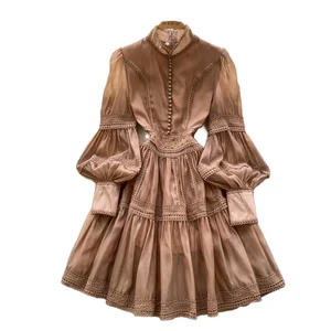 Dark Green Spring Roman Casual Woven Breathable Eco-Friendly Midi Dress for Women Lantern Sleeve Empire Embroidery Lace